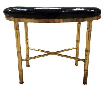 Stylish Vintage Mid-Century Brass & Vinyl Vanity Stool attrib. to WILLIAM "BILLY" HAINES (no back): Very unusual piece featuring a bamboo style brass frame with vinyl seat. Good vintage condition with some wear according to age. Backrest is missing.