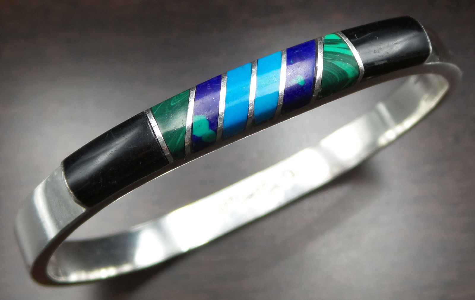 Vintage Mexican Sterling Silver & Inlaid Gemstone Designer Bracelet (1 of 5)