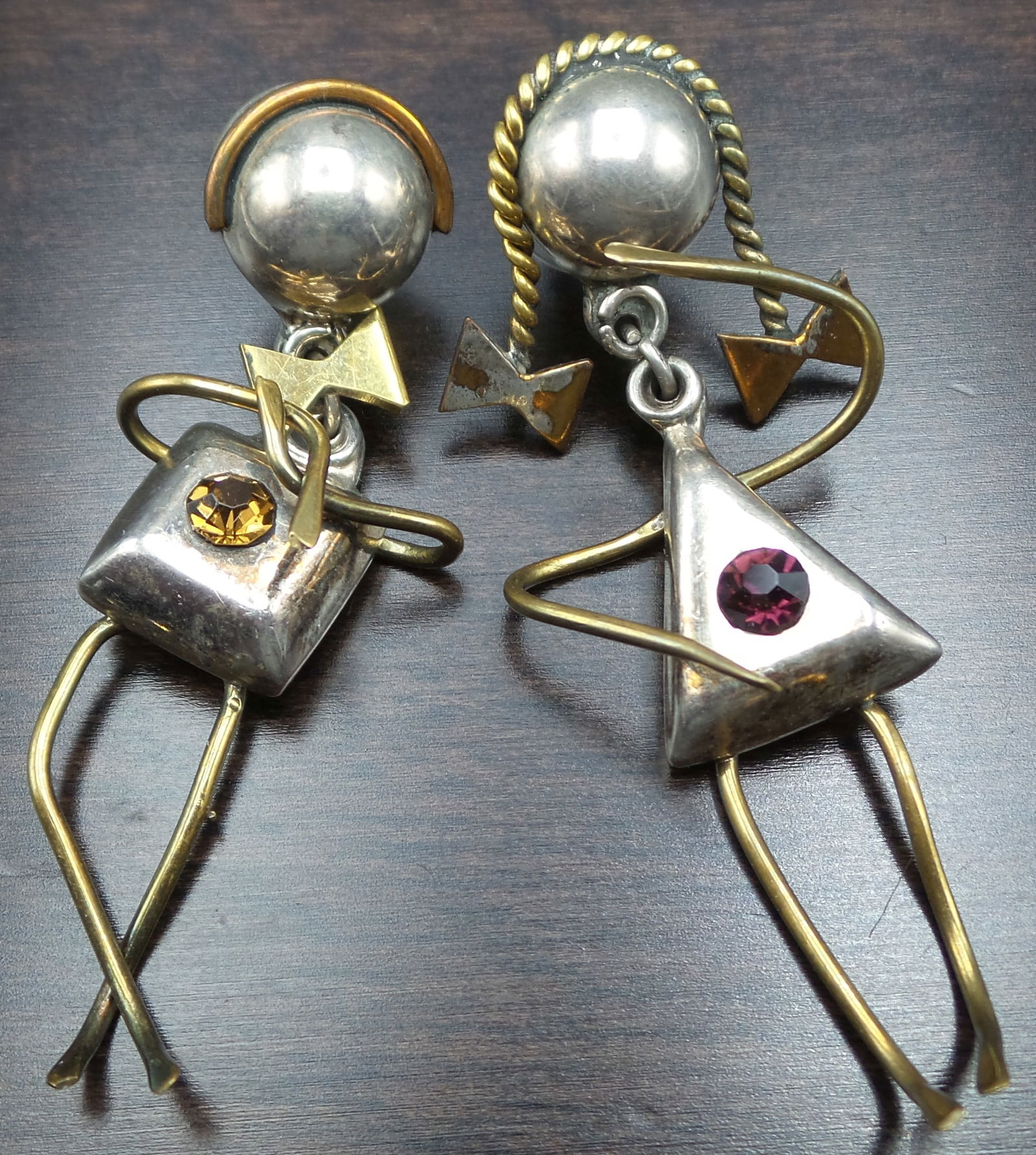 Unusual Vintage Mid-Century Mexican Sterling Silver & Gemstone Boy & Girl Earrings (1 of 5)