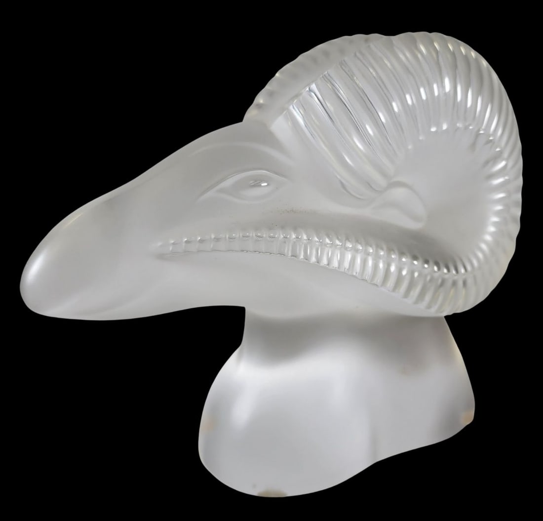 Vintage LALIQUE France Frosted Crystal Ram's Head Sculpture: Very beautiful and decorative piece which seems to enclose incoming light with its stylish frosted surface. Very good vintage condition; no chips, cracks, or repairs. Any brownish spots on the picture