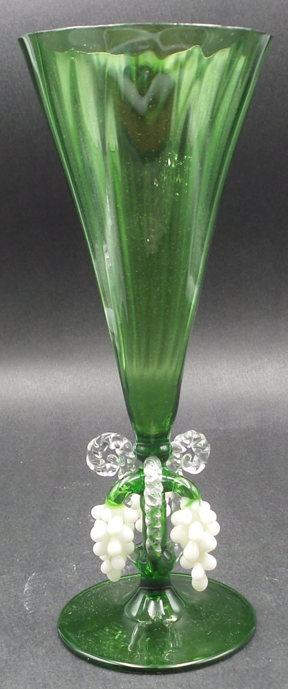 Unusual Ca. 1900 Green Art Glass Flute /w White Grapes Adorned Stem (1 of 3)