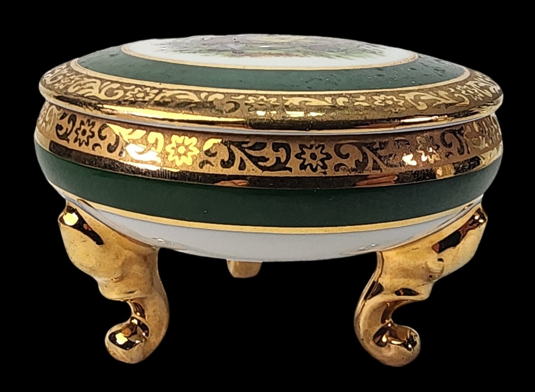 Vintage ca. 1950 Limoges France Gold Painted Green Porcelain Trinket Box (1 of 12)