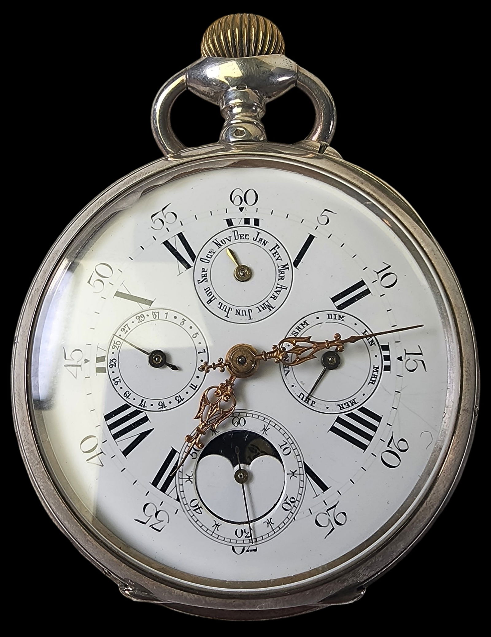 Large Antique ca. 1900 Swiss 800 Silver Pocket Watch /w Moonphase (1 of 13)