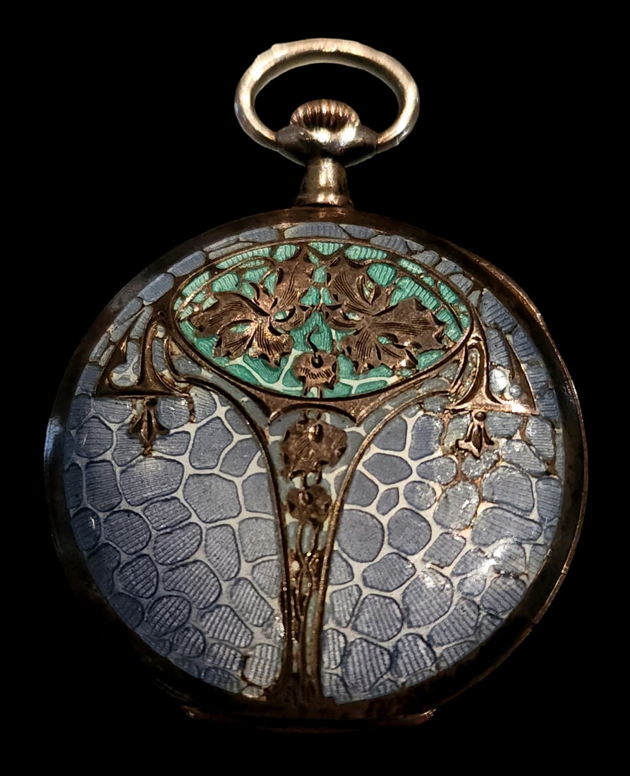 Antique Art Nouveau Swiss Silver & Blue Enamel Pocket Watch (1 of 9)