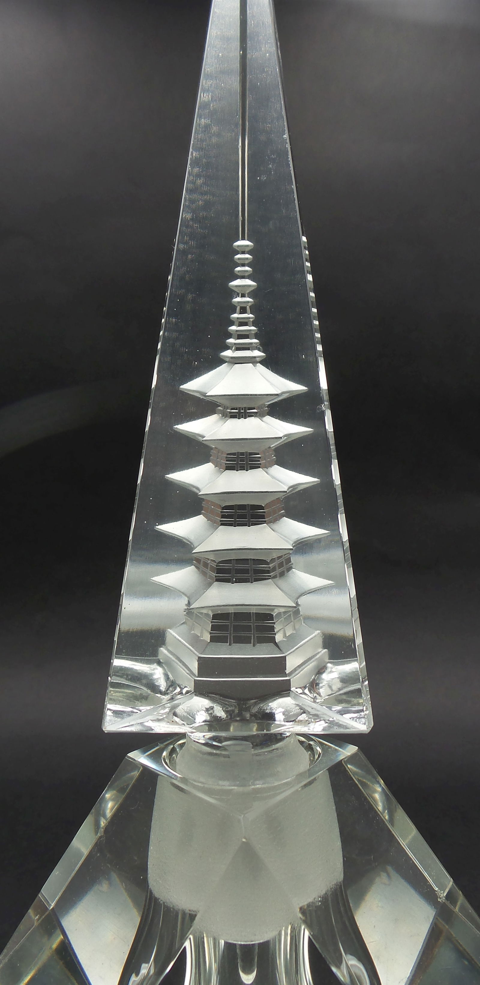 Vintage Hand Cut Crystal Perfume Bottle /w 3-D Asian Pagoda Image (1 of 7)