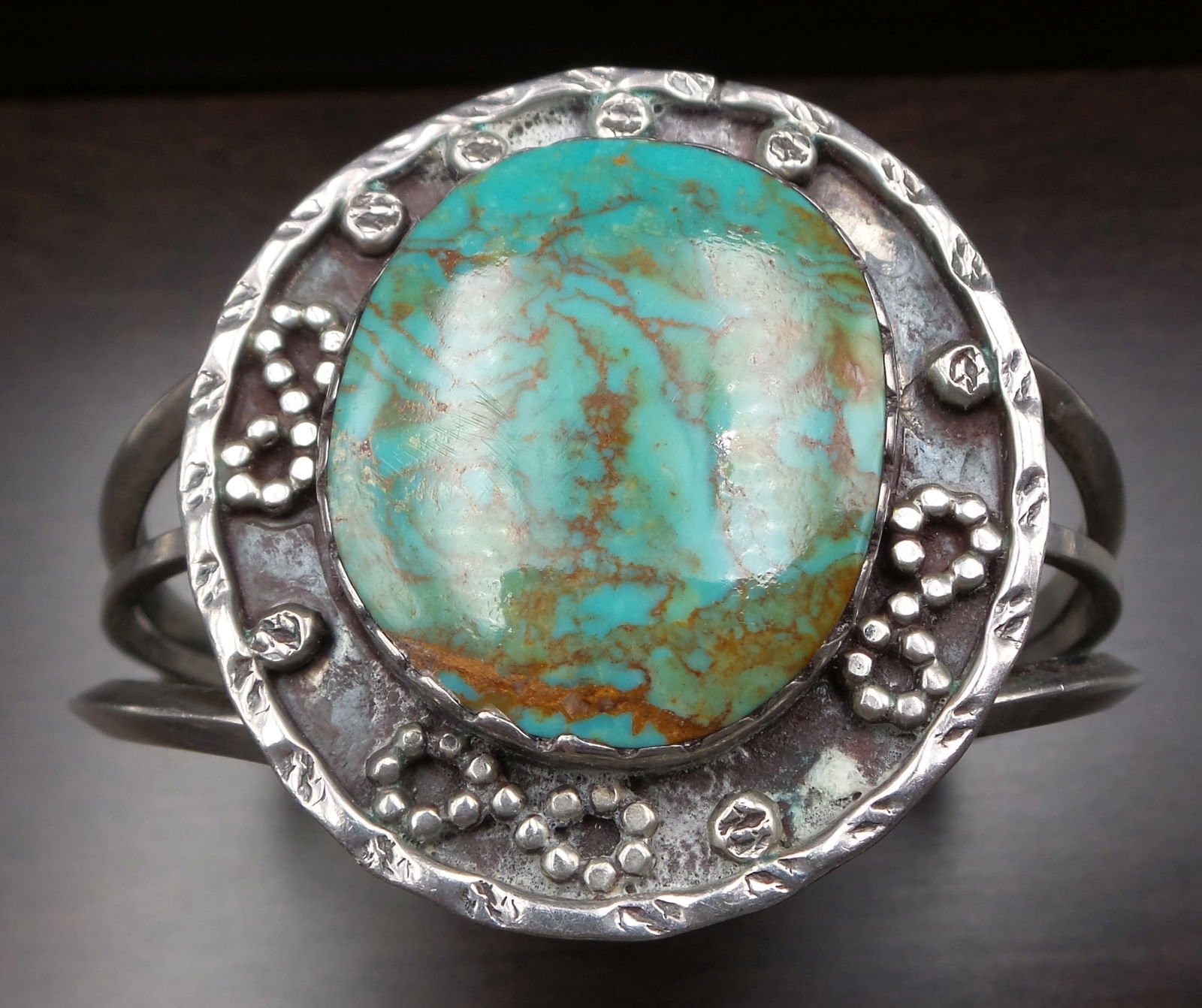 Vintage Mid-Century Native American Sterling Silver & Turquoise Designer Cuff Bracelet (1 of 8)