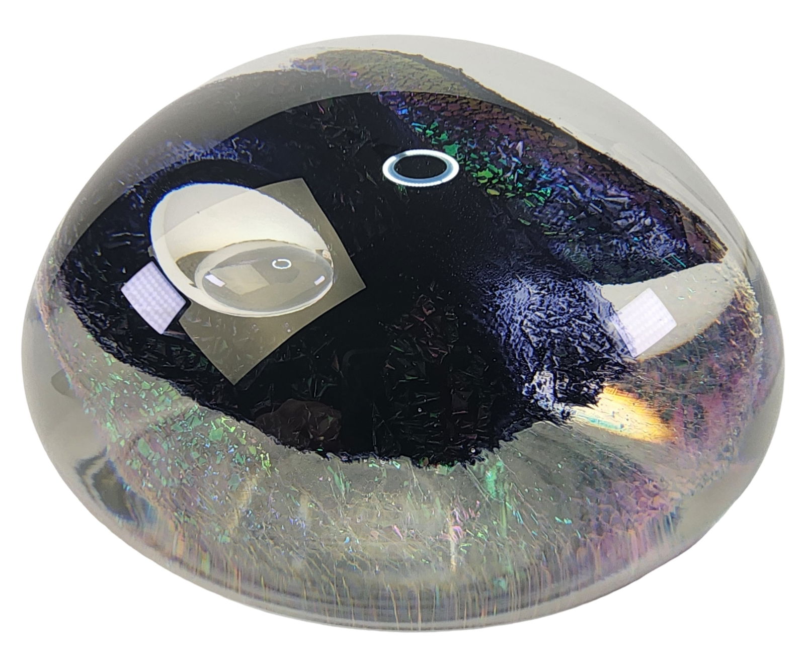Vintage 1990 EICKHOLDT Iridescent Art Glass Paperweight: This gorgeous piece features an iridescent swirl interior and looks different with every little turn, especially when lit properly. Very good vintage condition; no chips, cracks, or repairs. Measures