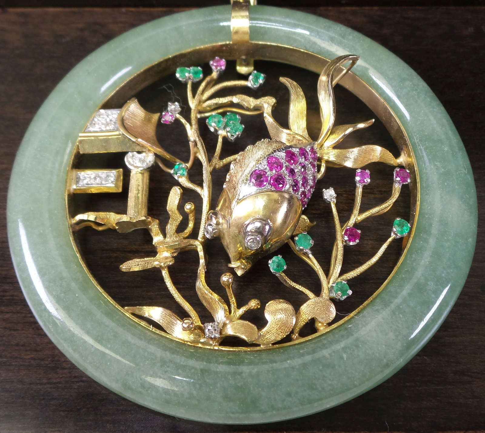 Rare & Large Vintage Asian Themed Jeweled Jade and 14K Yellow Gold Pendant (1 of 6)