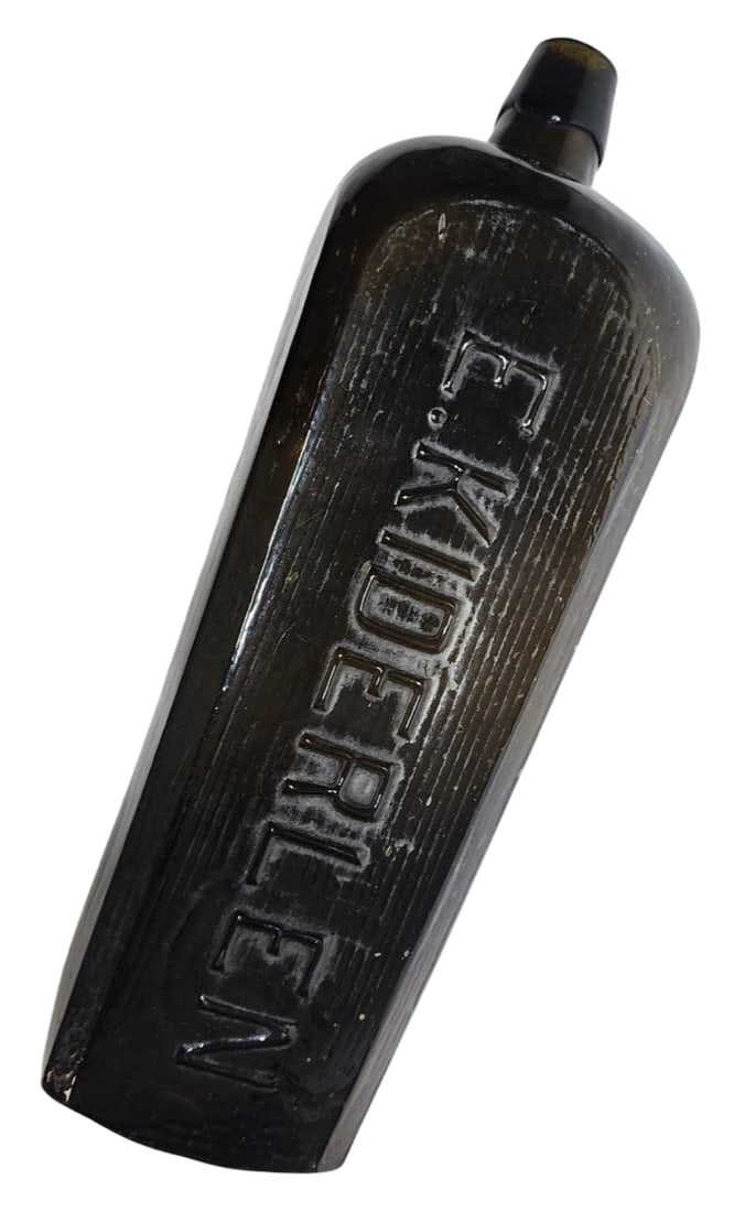 Antique ca. 1850 Dutch E. KIDERLEN Dark Green Glass Case Gin Bottle (1 of 6)