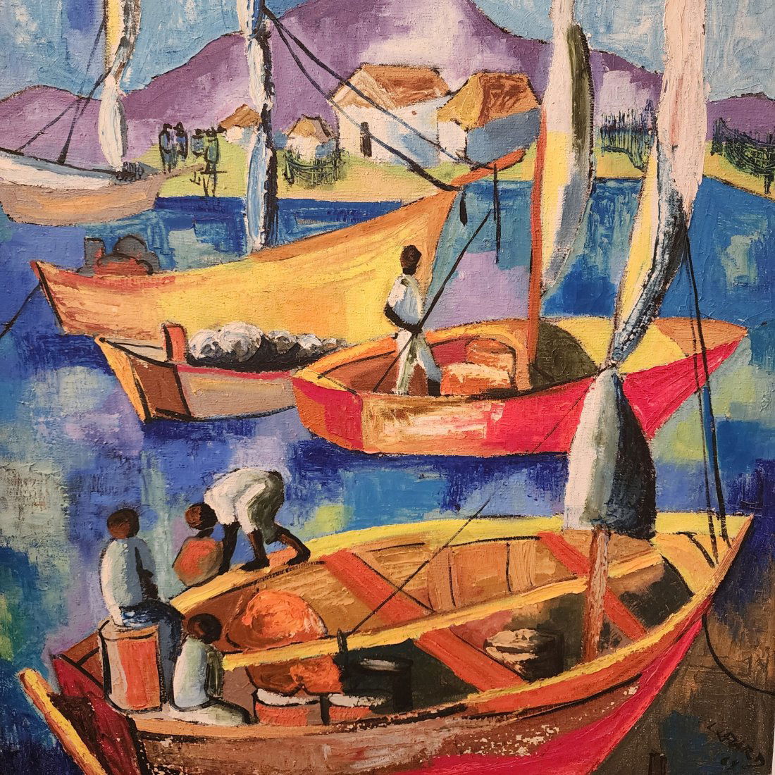 LUCKNER LAZARD (Haiti, 1928-1998) Fishermen on Boats 1964 Oil on Sugar Cane Bag Painting (1 of 8)
