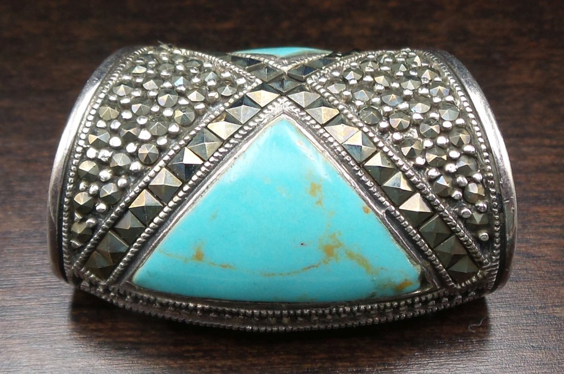 Unusual Vintage Mid-Century Sterling Silver, Turquoise & Marcasite Slider Pendant: Beautiful piece probably dating to the 1970s. Very good vintage condition with minor patina; no missing gemstones. Measures approx. 1 2/8" long x 7/8" wide x 1/2" deep and weighs ca. 7.6 grams. Marked