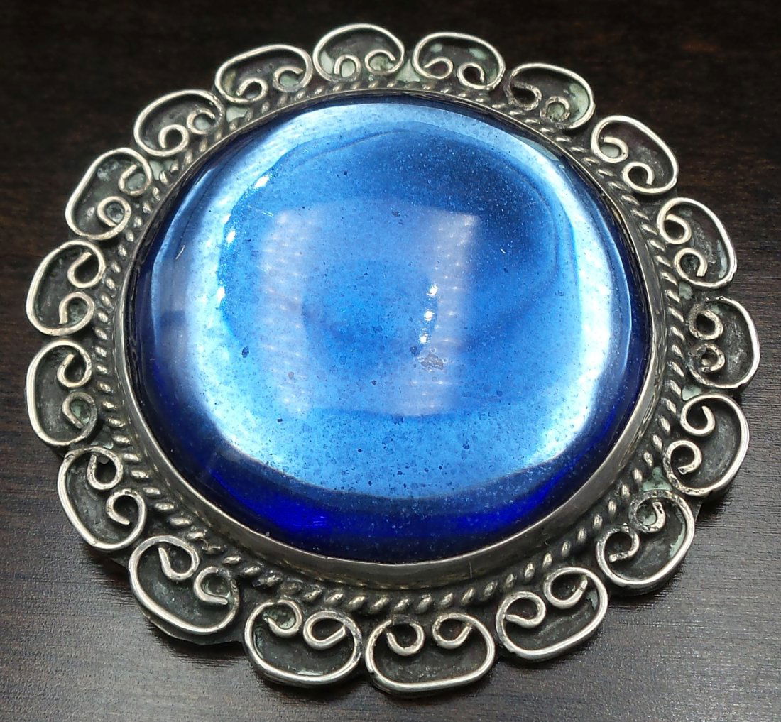 Large Vintage Mexican Sterling Silver & Blue Glass Designer Pendant / Brooch (1 of 8)