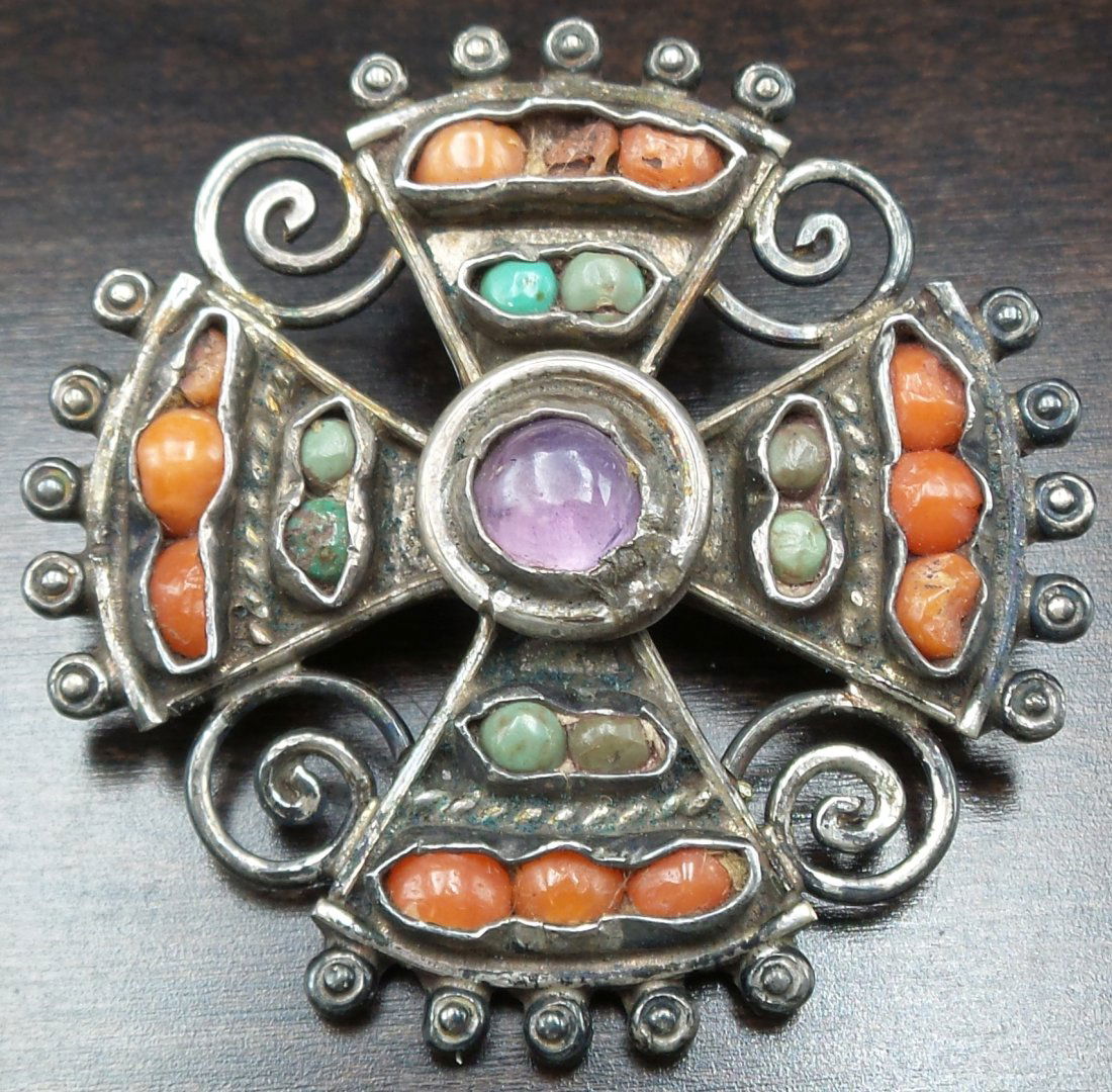 Rare Vintage MATL MATILDE POULAT Mexico Sterling Silver & Gemstone Cross Brooch (1 of 5)