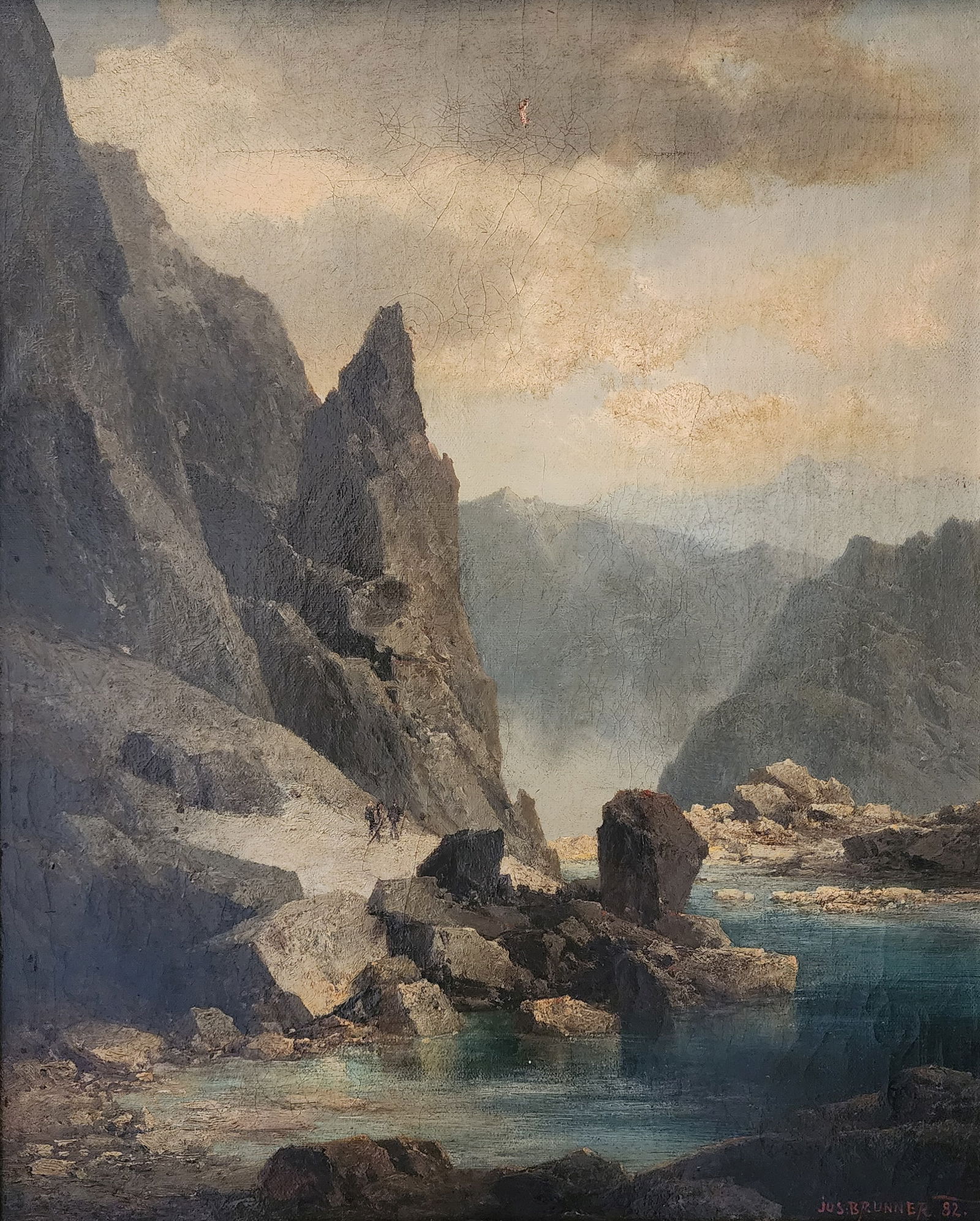 Antique JOSEPH BRUNNER (Austrian, 1826-1893) Oil on Canvas Alpine Landscape Painting (1 of 11)