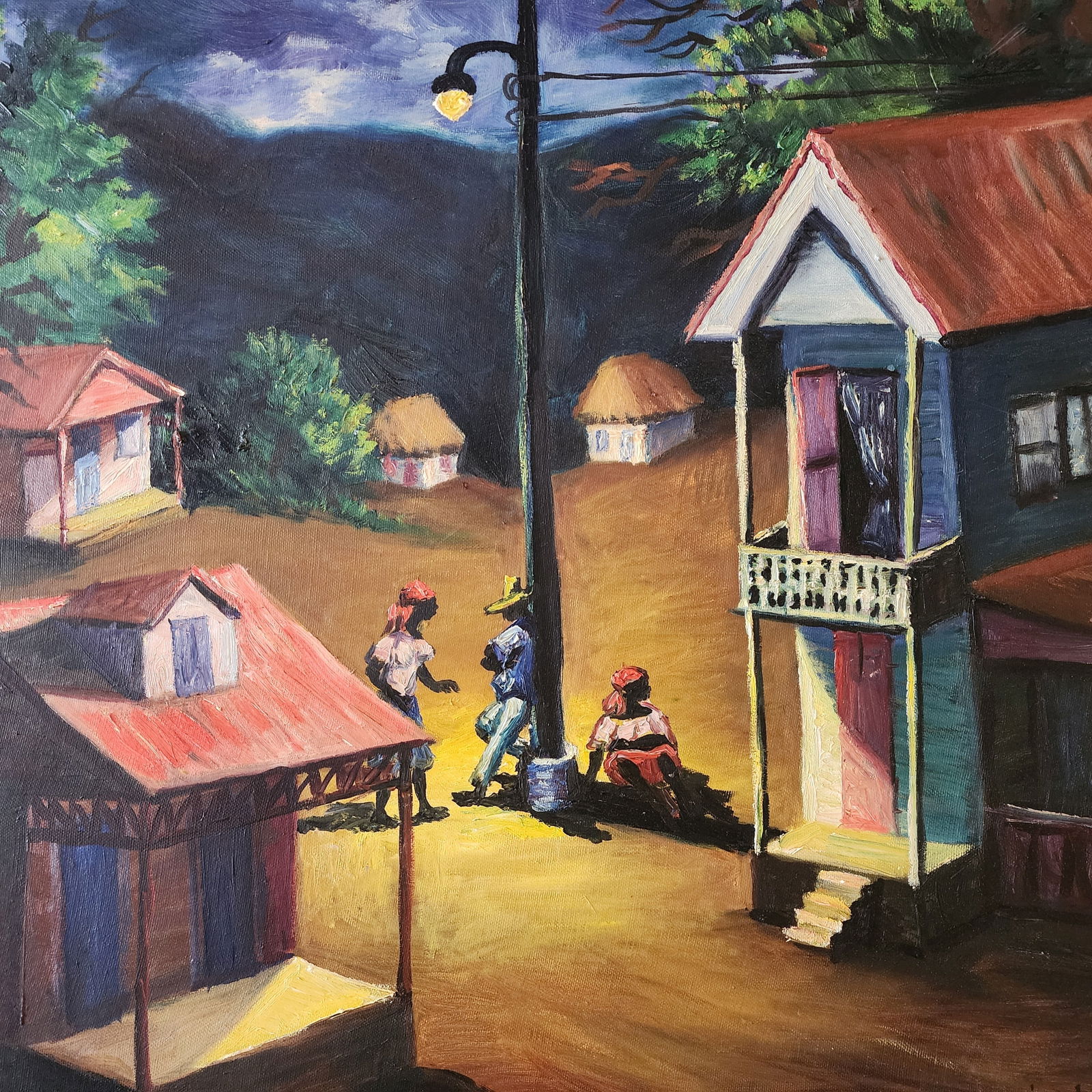 Vintage XAVIER AMIAMA (Haitian, 1910-1969) Oil on Canvas Street Scene Painting (1 of 4)