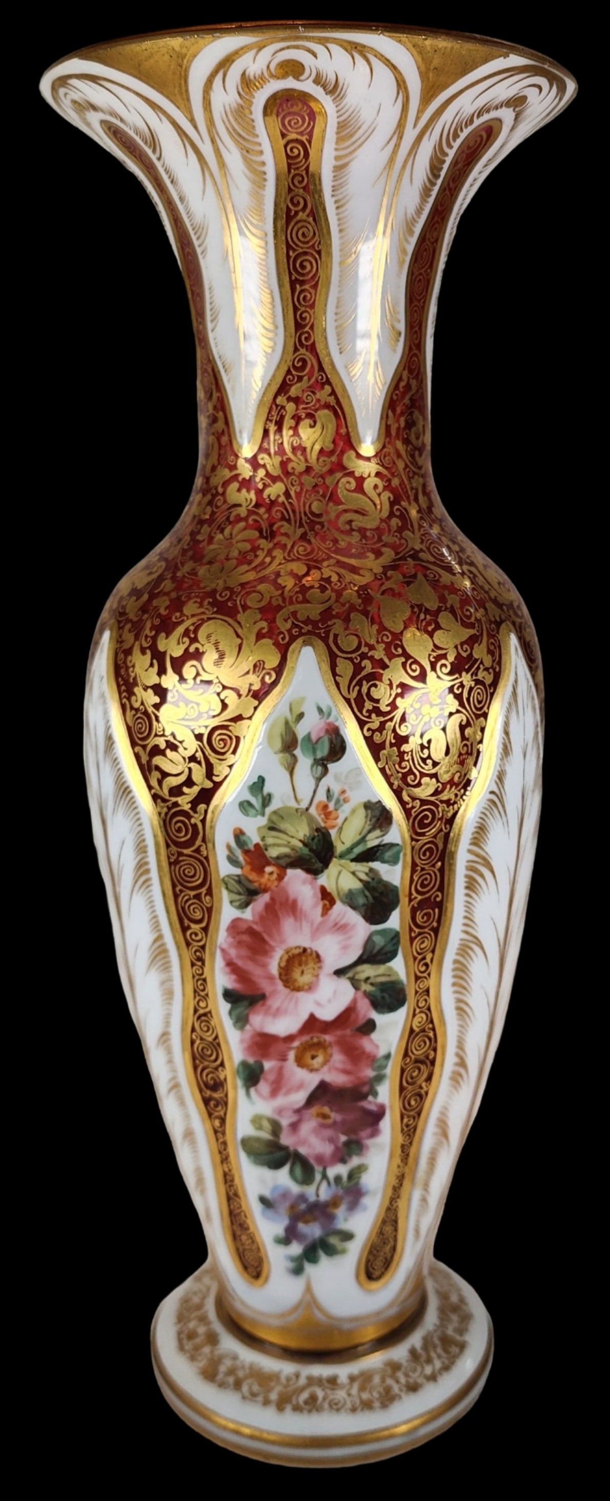 Rare Antique Bohemian Gold Painted White Cut-To-Cranberry Crystal Vase (1 of 10)