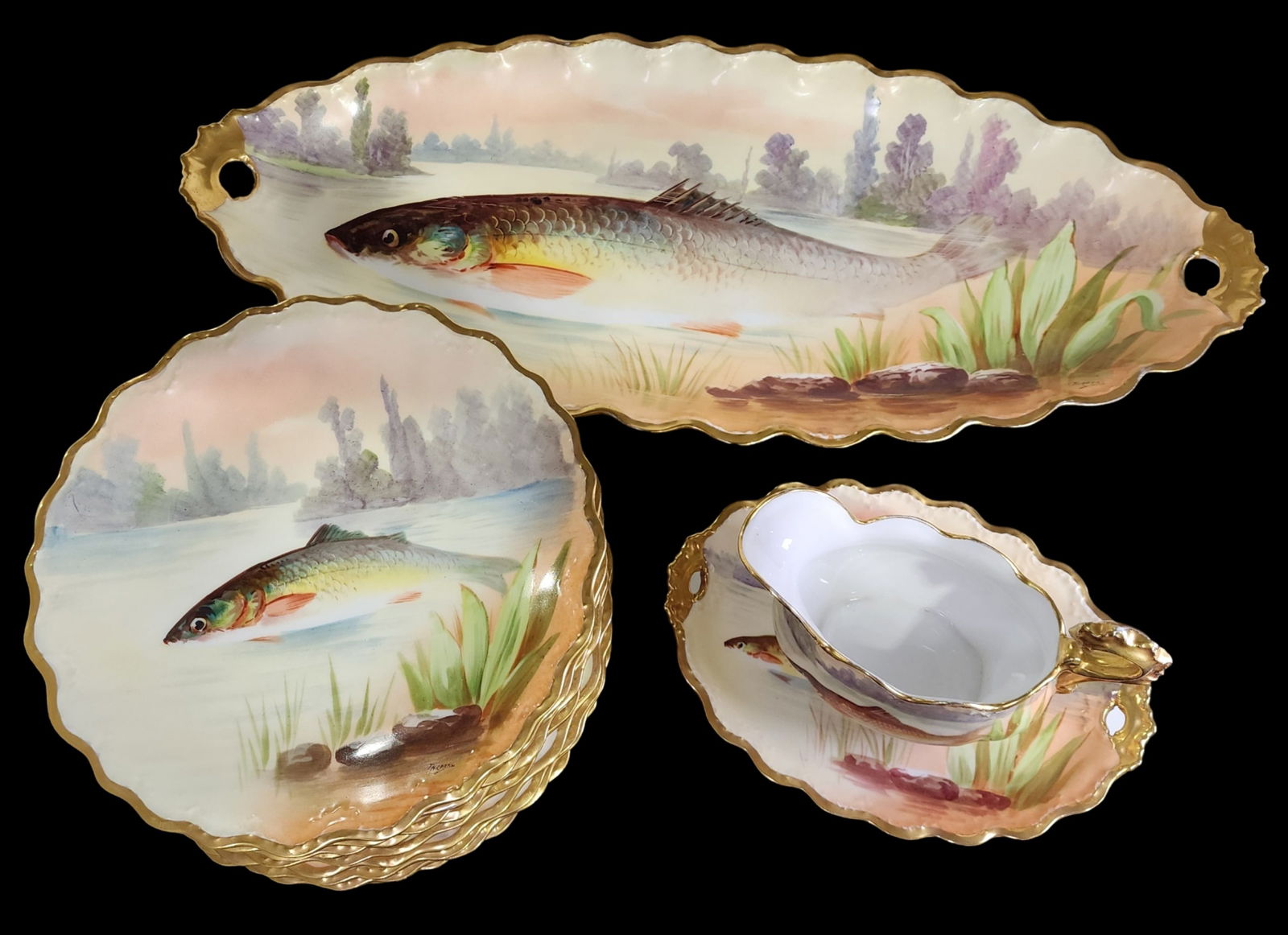 Antique LEWIS STRAUSS & SONS LIMOGES France Hand Painted Porcelain Fish Dining Set (1 of 14)