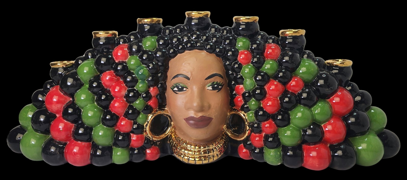 One-of-a-Kind Vintage DORIS GILDEN Handcrafted Kwanzaa Themed Woman's Head Ceramic Candelabra: This one-of-a-kind piece was hand crafted by South Florida artist Doris Gilden and features the face of a beautiful woman with large hair on both sides with 7 candle slots on top. Incredibly decorativ