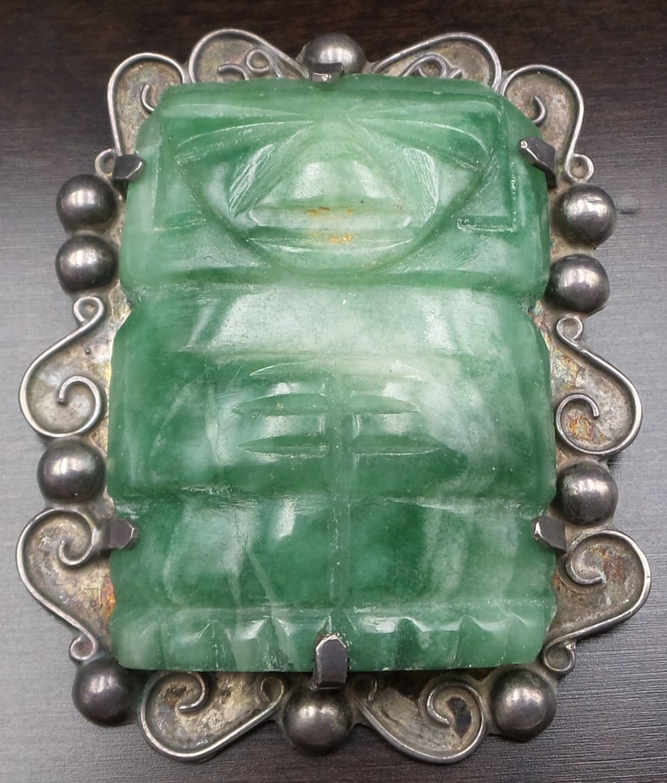 Large Vintage Mexican Sterling Silver & Carved Green Onyx Aztec God Pendant/Brooch (1 of 7)