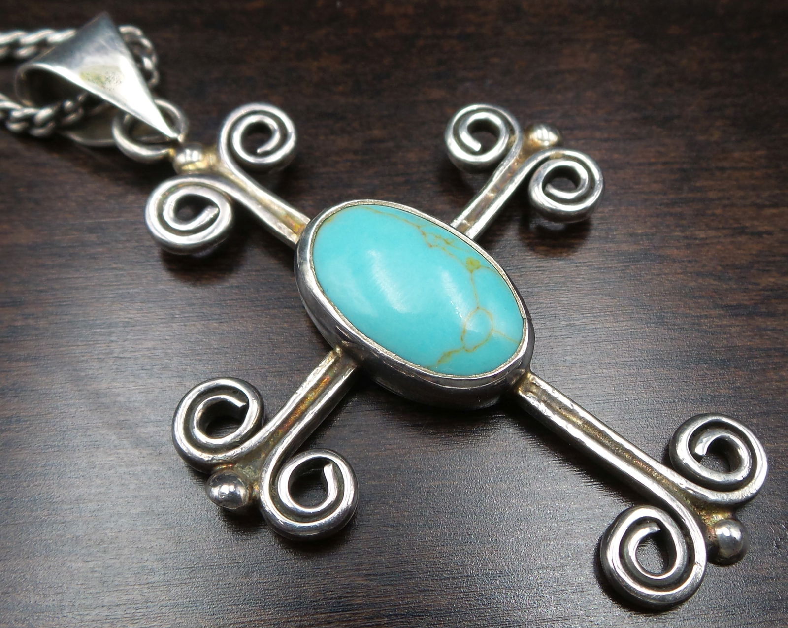 Vintage TAXCO Mexico Sterling Silver & Turquoise Cross Pendant Necklace (1 of 8)