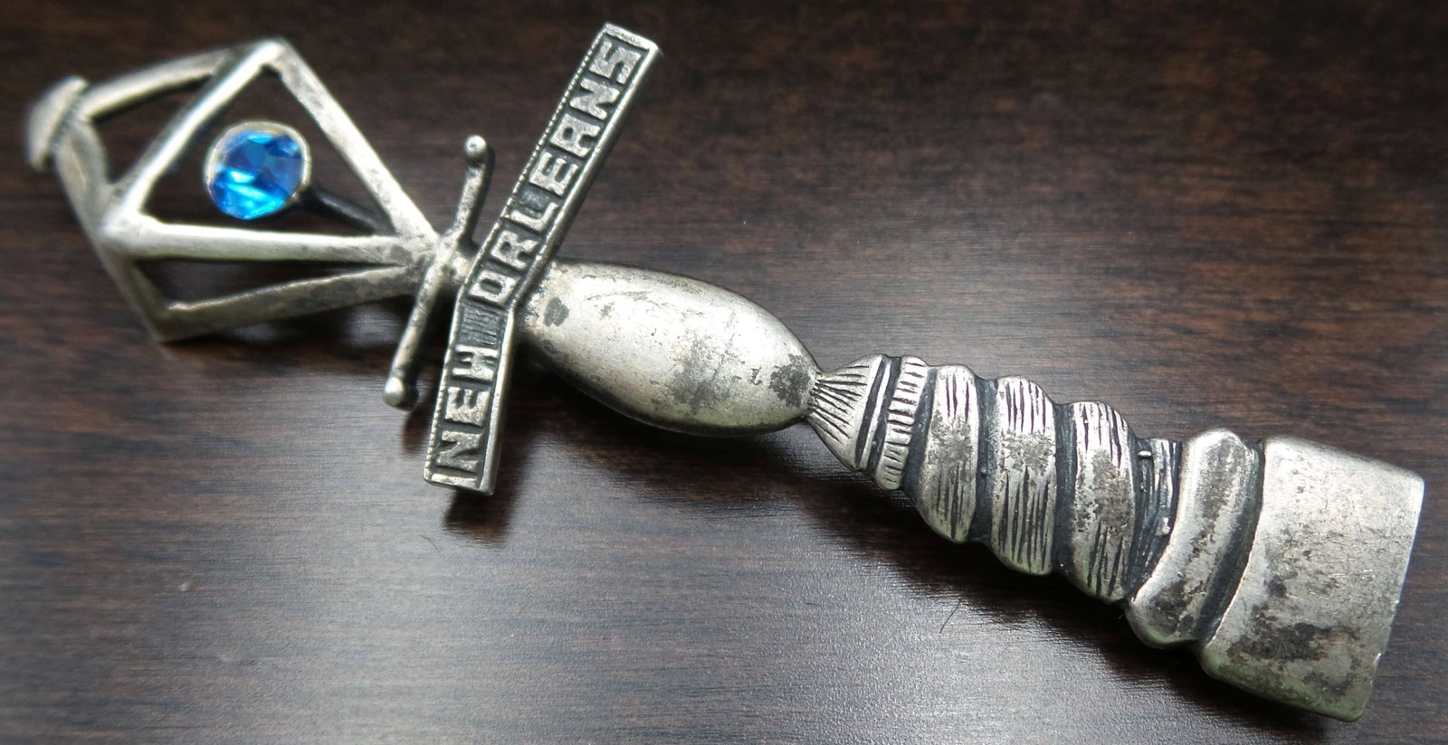 Very Unusual NEW ORLEANS Street Lantern Sterling Silver & Blue Rhinestone Brooch: Measures approx. 2 3/4" long x 1" wide (at the widest) and weighs ca. 8.4 grams. Marked "Sterling" on the back.