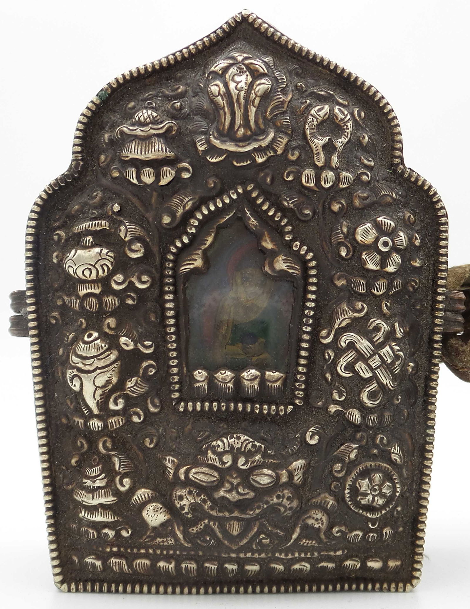 Antique Tibetan Brass Ghau Travel Altar with Prayer Flags and Inlaid Hand Painted Divine Portrait (1 of 13)