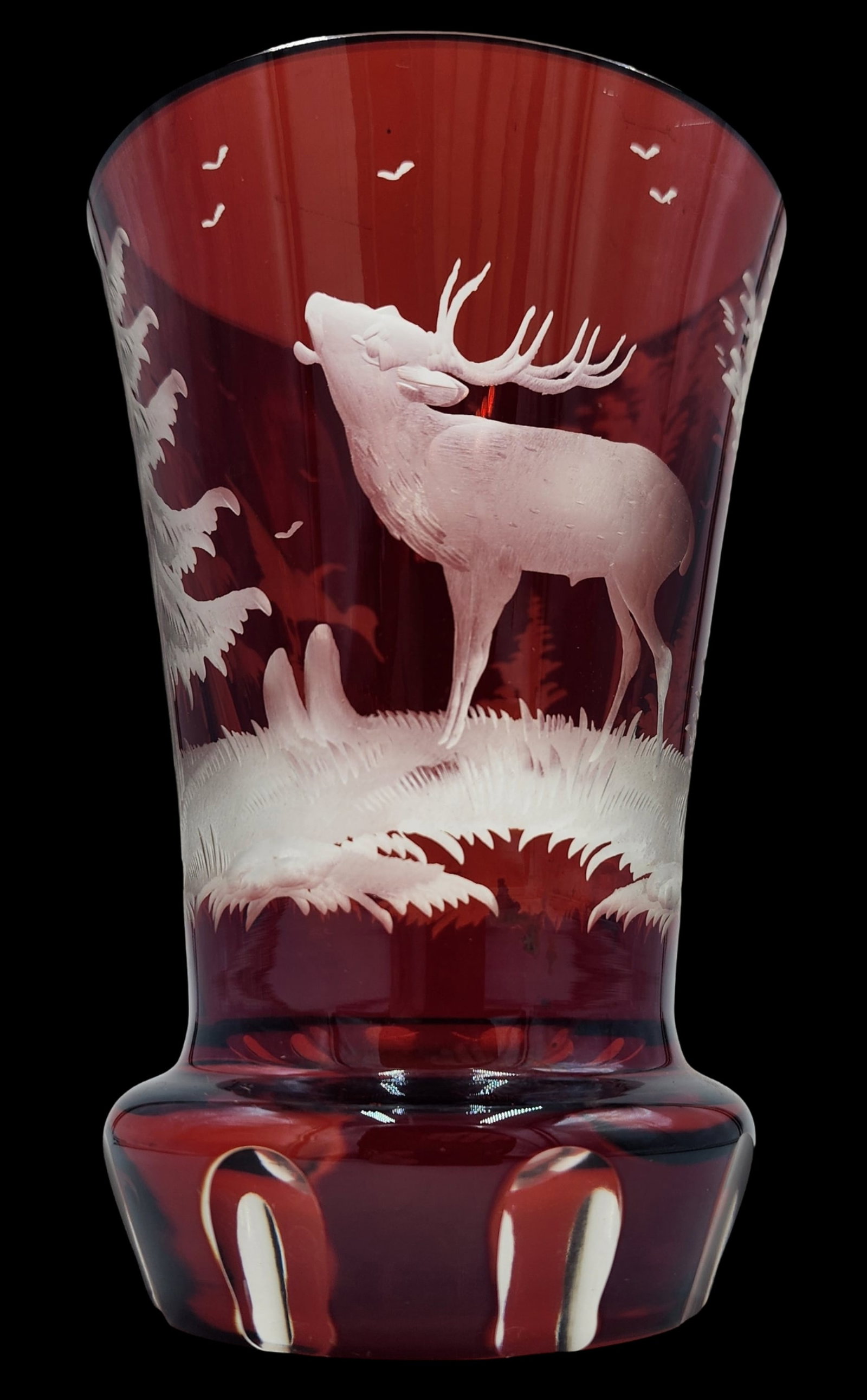 Antique Bohemian Red Cut-to-Clear Crystal Beaker /w Hunting Theme: Very good antique condition; no chips, cracks, or repairs. Measures approx. 5 2/8" (13.5) x 3 3/4" (9.5cm) in diameter.