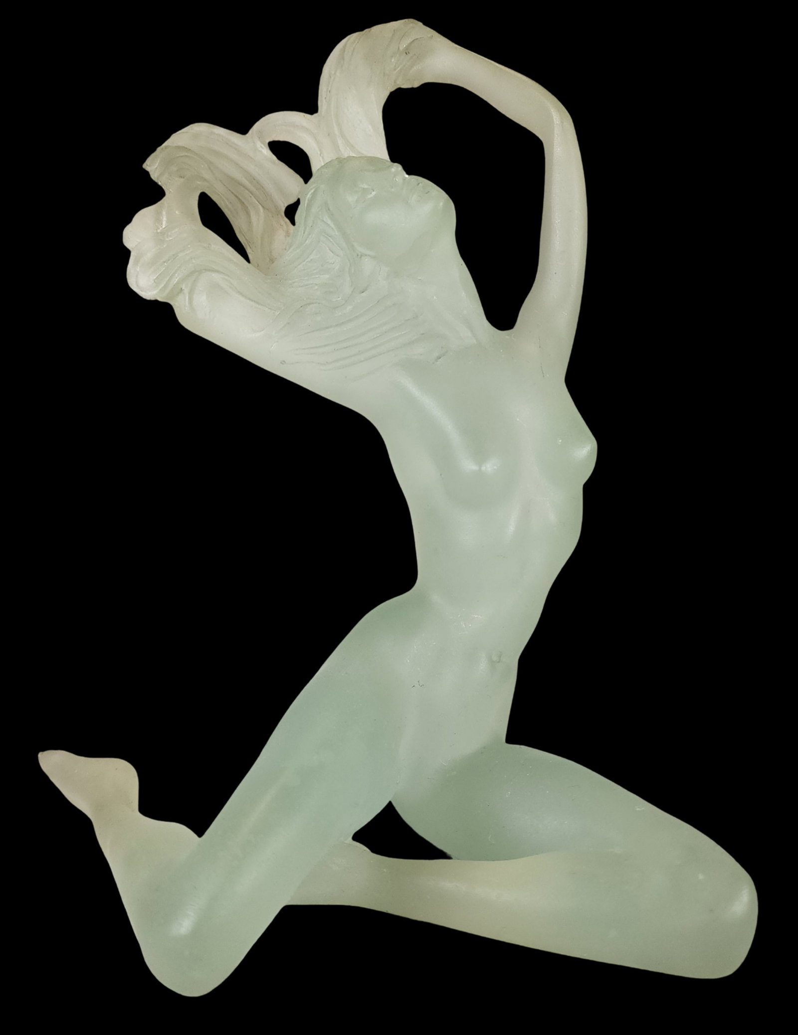 Vintage MIRAGE Ltd. Light Green Frosted Acrylic Nude Figurine: Here is a fabulous acrylic sculpture of a nude female throwing her hair back. It's wonderfully detailed, just look at the face and feet, and she is gorgeous and sexy! Her pose is unabashedly confident