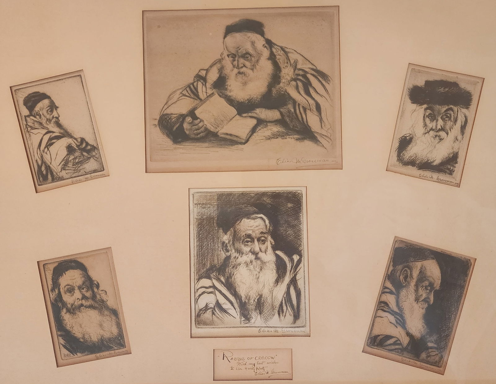 Rare ELIAS MANDEL GROSSMAN (1898 – 1947) Judaica Collage of Rabbi Etchings "Rabbis of Cracow" (1 of 9)