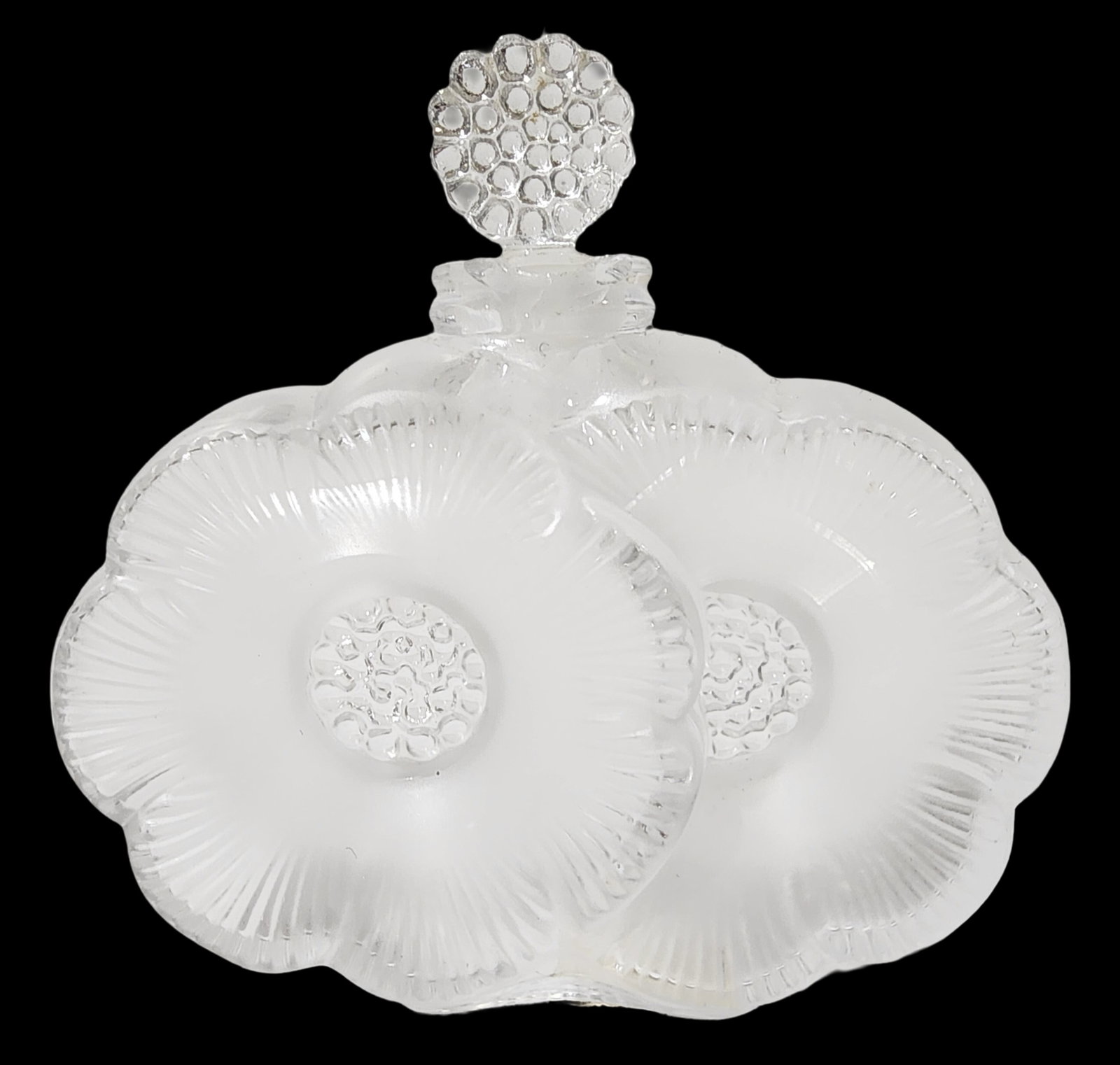 Vintage LALIQUE "Deux Fleurs" Double Daisy Satin Glass Perfume Bottle: Beautiful Vintage LALIQUE "Deux Fleurs" Double Daisy Satin Glass Perfume Bottle. Made by Lalique, France, circa 1960. A classic Lalique piece with opalescent glass with embellished daisy flowers and c
