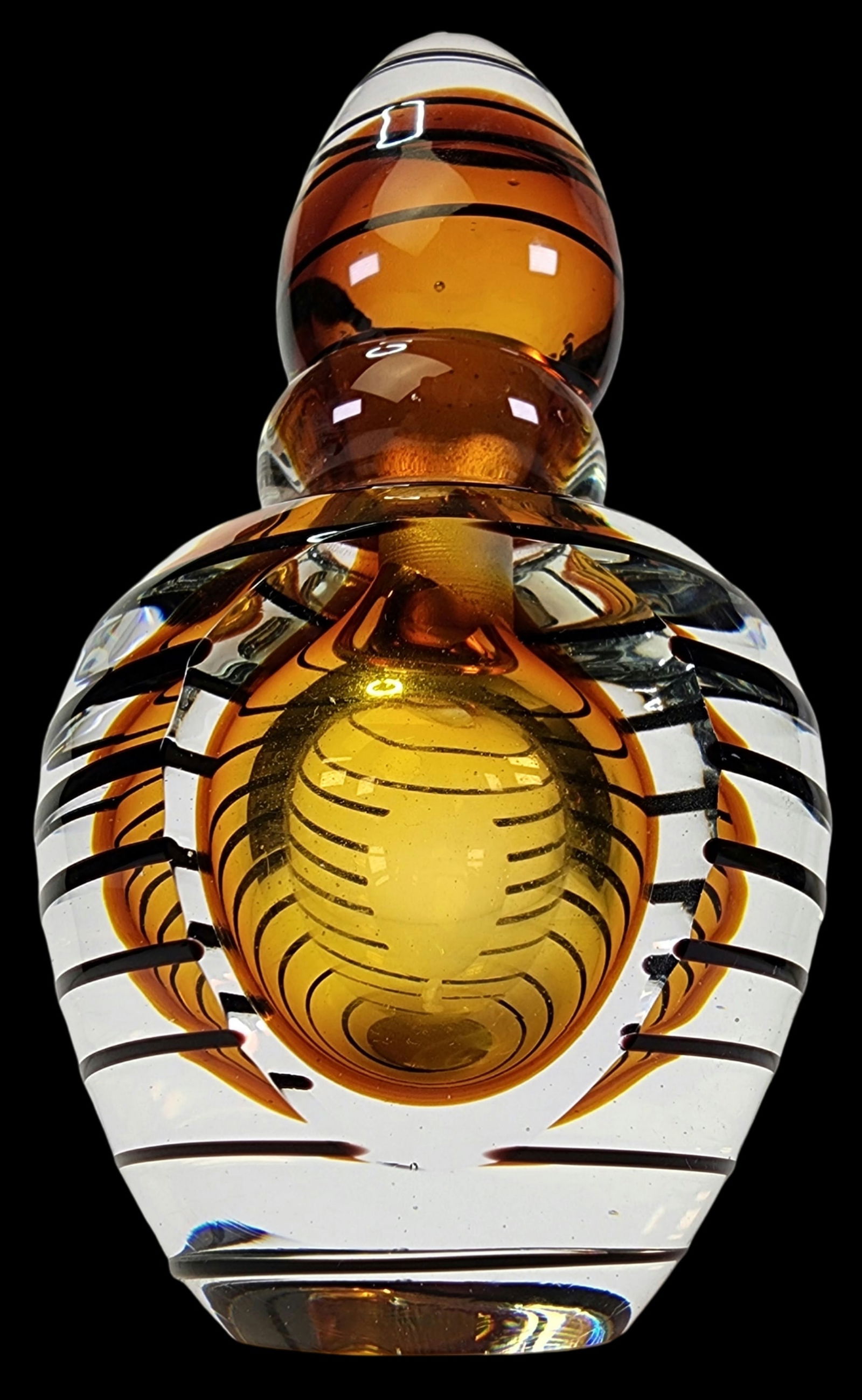 Vintage Mid-Century Orange/Amber & Black Spiral Windowed Art Glass Perfume Bottle: Stunning and very decorative piece with amazing detail and colors. Features a cut "window" to allow a look at the gorgeous inside of the piece. Very good vintage condition; no chips, cracks, or repair