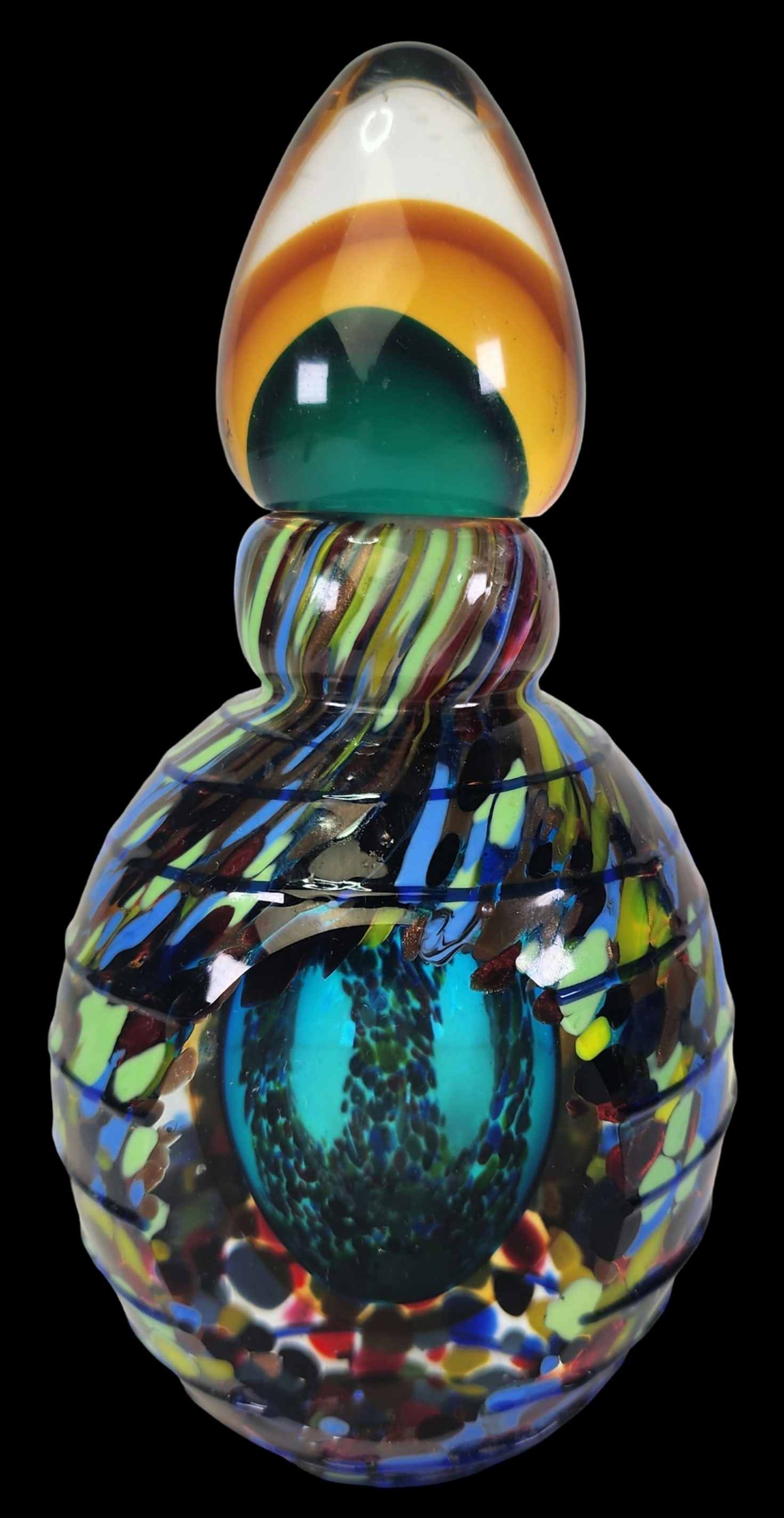 Vintage Mid-Century Multicolor Windowed Art Glass Perfume Bottle: Stunning and very decorative piece with amazing detail and colors. Features cut "windows" to allow a look at the gorgeous inside of the piece. Very good vintage condition; no chips, cracks, or repairs