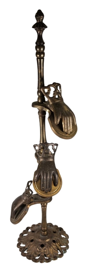 Unusual Antique Brass Glove Holder /w Hand Clamps (1 of 6)