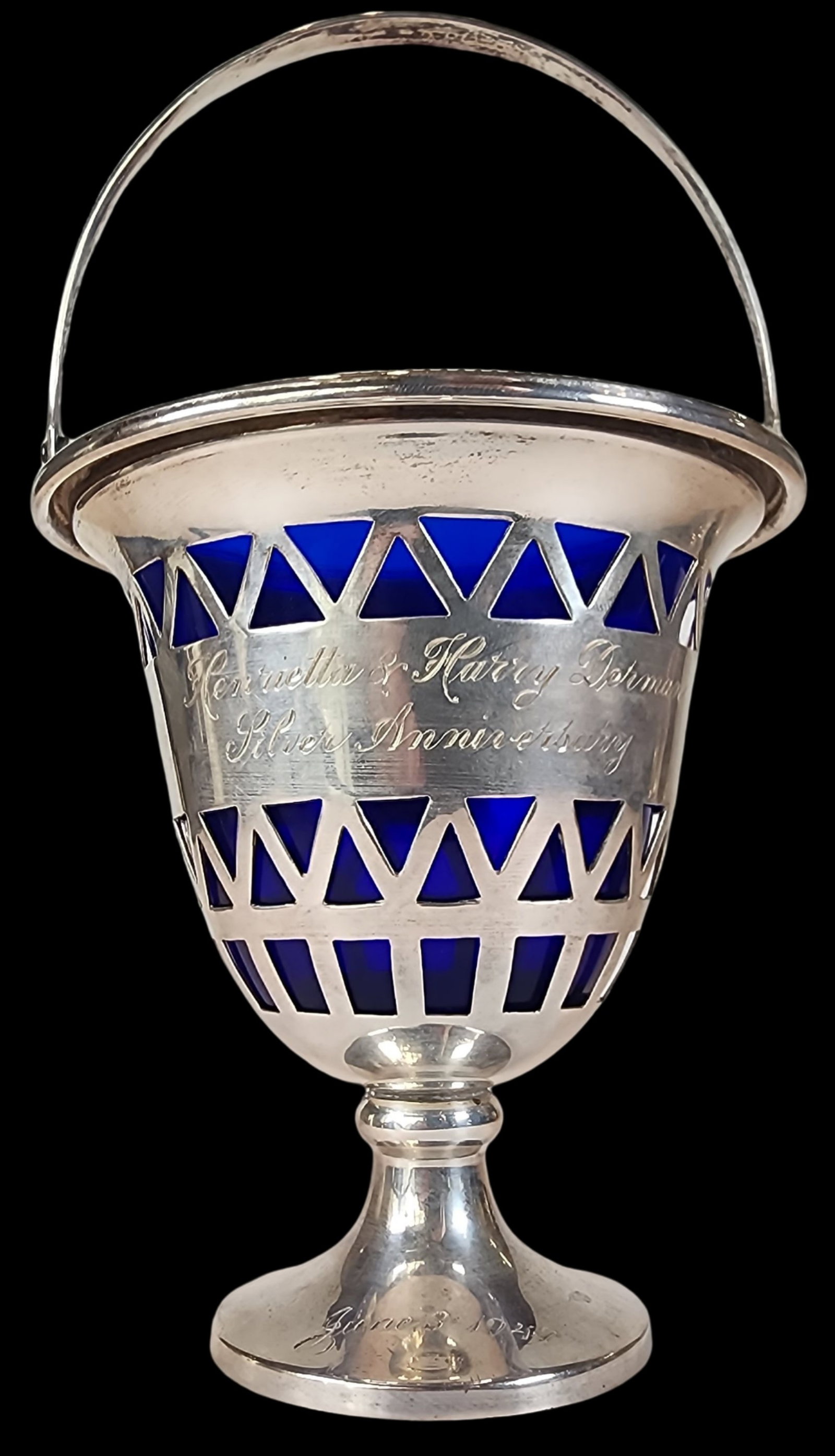 Vintage Sterling Silver & Cobalt Glass Condiment Basket: Beautiful piece in very good vintage condition; minor patina to the silver but no damage to the cobalt glass insert. Engraved dedication on the front and engraved date on the base. Measures approx. 7 