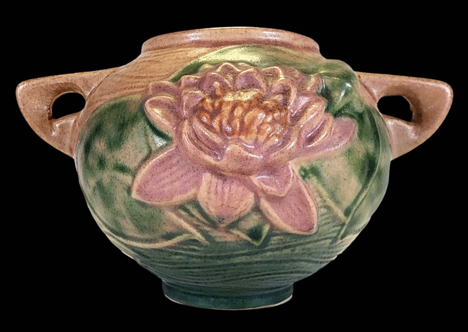 Vintage ROSEVILLE Green/Pink Ceramic "Water Lily" Two-Handled Vase (1 of 10)
