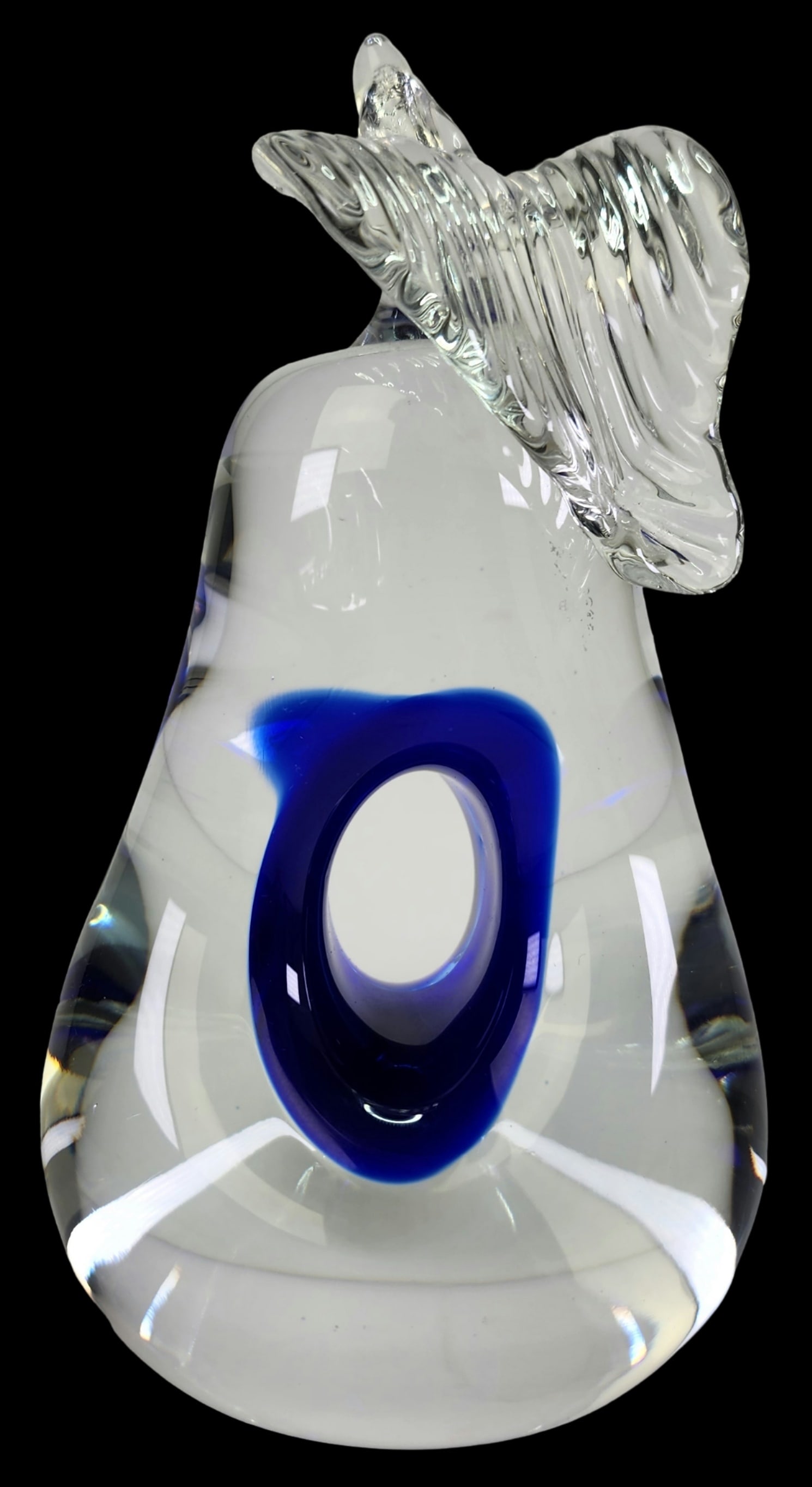 Vintage MURANO Clear & Blue Art Glass Pear Paperweight: Beautiful and very decorative piece. Measures approx. 3 3/4" wide x 6" high x 2 3/4" deep. Very good vintage condition; no chips, cracks or repairs.