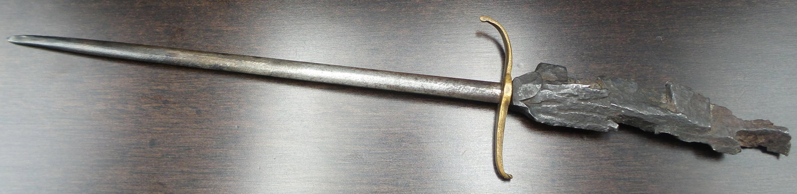 Antique ca. 1916 WWI Trench Art Artillery Shrapnel Letter Opener: Very cool piece. Good antique condition according to age. The piece was forged in the trenches of WWI from a single piece of iron artillery shrapnel with the remaining piece of the shrapnel forming th