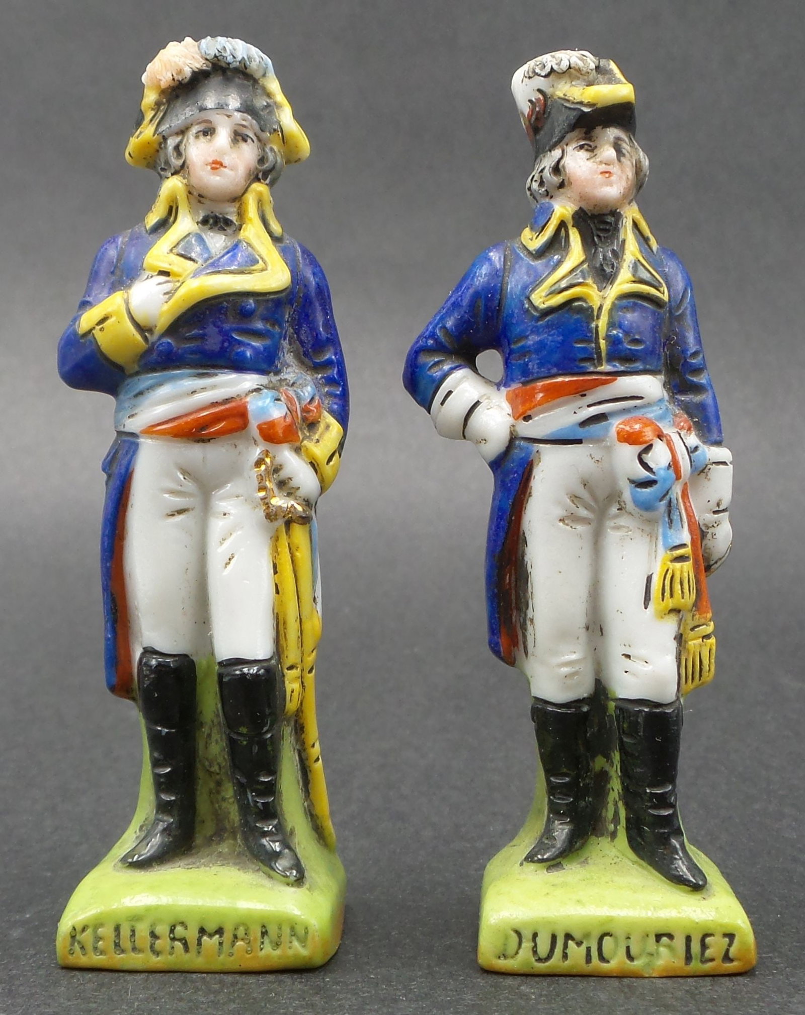Pair of Antique SCHEIBE ALSBACH Germany Porcelain Napoleon Officer "Dumouriez and Kellermann": Great pieces in very good antique condition; no chips, cracks, or repairs. Each measures approx. 2 3/4" high. Marked on the bottom.