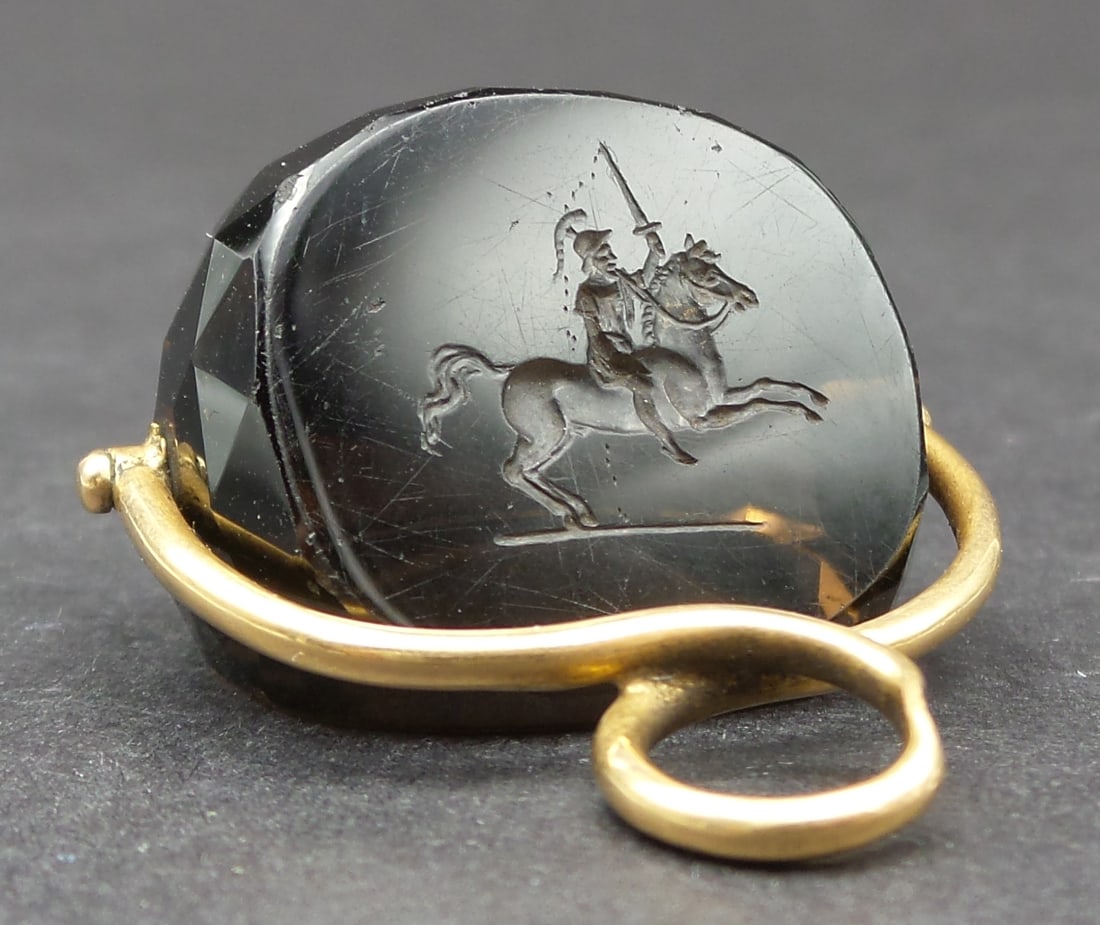 Antique ca. 1900 European 18K Gold & Smokey Quartz Equestrian Seal Fob (1 of 6)