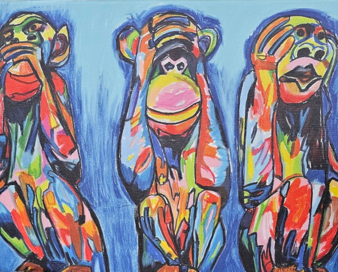 Vintage Three Wise Monkeys Painting (1 of 2)