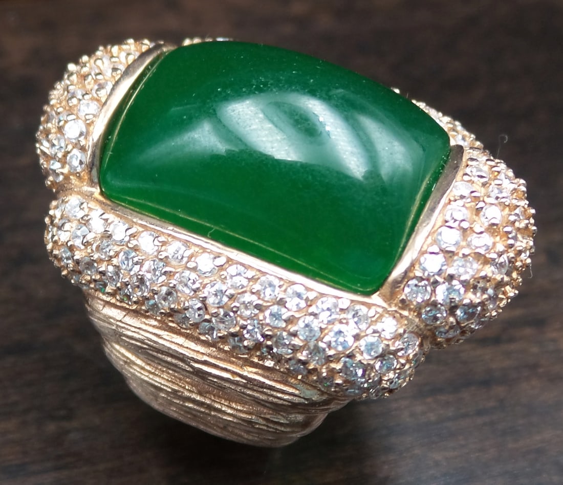 Massive Vintage Gilt Sterling Silver, Rhinestone & Green Gemstone Ring (1 of 6)