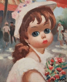 Vintage A. ROBERT Oil on Canvas Portrait of a Girl /w Big Eyes