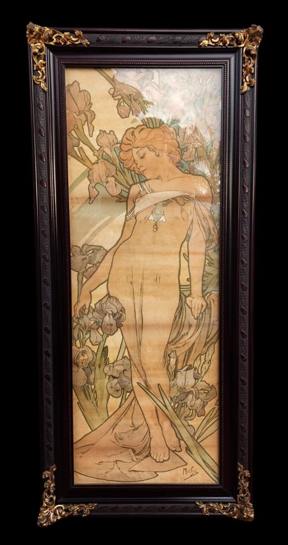 ALPHONSE MUCHA (1860-1939) "The Flowers / Iris" 1898 Poster: Original Alphonse Mucha poster printed by F. Champenois, Paris, ca. 1898. Very good antique condition; minor tears at edges, one slightly into upper right border; slight darkening and creases. Measure