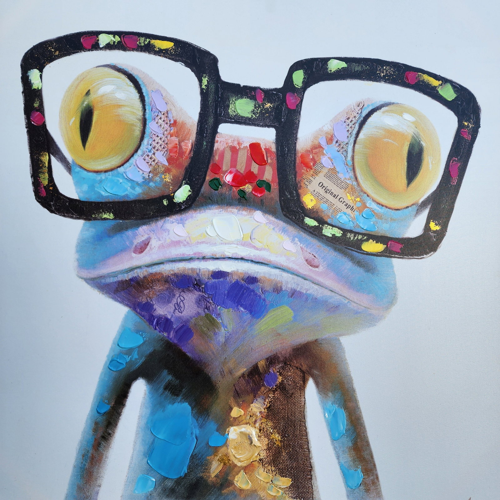 Very Unusual Modern Acrylic on Canvas Painting "Frog with Glasses" - Signed: Awesome piece! Very good vintage condition; mounted on a stulish minimalist stretch frame. Signed. Measures approx. 28 1/2" x 28 1/2".