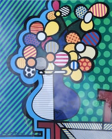 ROMERO BRITTO (Brazil, 1963) 'Flowers in a Vase' Hand Signed Serigraph on Paper