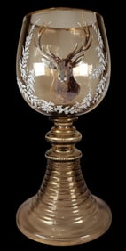 Antique Snow Painted Hunting Theme Glass Goblet /w Stag Portrait