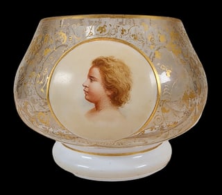 Antique Continental Gold Painted Glass Portrait Candle Holder