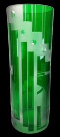 Vintage Art Deco Style Bohemian Hand Cut Green Art Glass Vase