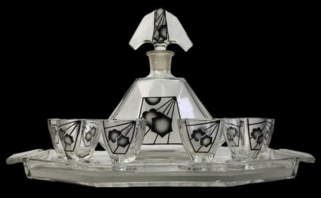 Vintage Art Deco Style Bohemian Hand Cut Art Glass Liquor Decanter Set