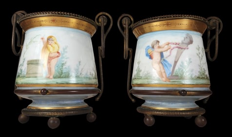Pair of Antique SEVRES France Ormolu Mounted Hand Painted Porcelain Planters